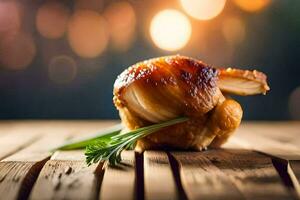 a piece of chicken on a wooden table. AI-Generated photo