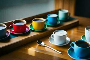 a table with several cups of coffee and a spoon. AI-Generated photo