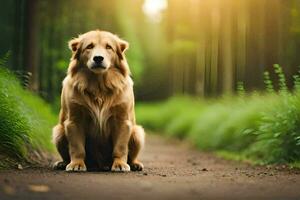 a golden retriever sitting on the road in the woods. AI-Generated photo