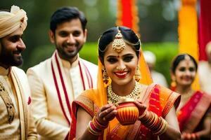 a bride and groom are smiling and holding an object. AI-Generated photo