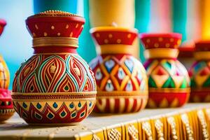 colorful vases on a table with colorful designs. AI-Generated photo