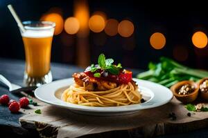spaghetti with meat and vegetables on a plate. AI-Generated photo