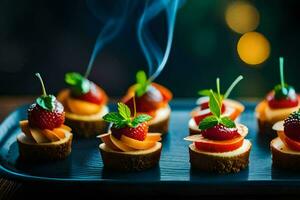 pequeño aperitivos con fresas y queso en un negro lámina. generado por ai foto