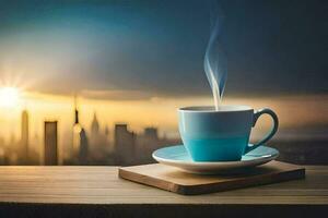 coffee cup on the table with city in the background. AI-Generated photo