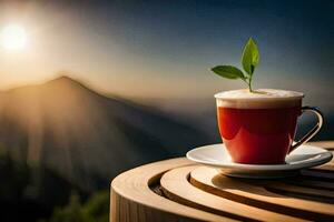 un taza de café con un planta en parte superior de él. generado por ai foto