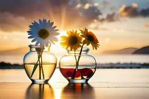 two vases with flowers on the beach at sunset. AI-Generated photo