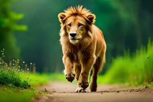 un león corriendo en un camino en el bosque. generado por ai foto