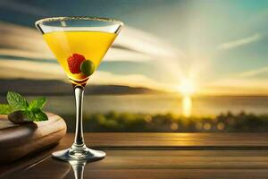 cocktail on the table with sunset in the background. AI-Generated photo