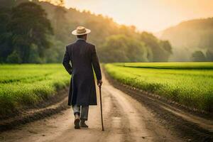 a man in a hat and coat walking down a dirt road. AI-Generated photo