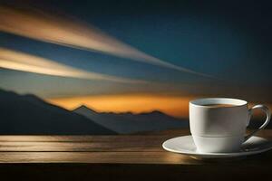 coffee cup on the table, mountains, sunrise, hd wallpaper. AI-Generated photo