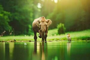 an elephant and a duck walk through a pond. AI-Generated photo