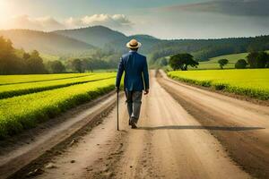 man walking on a dirt road in the countryside. AI-Generated photo