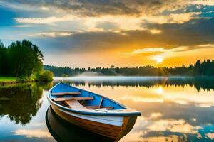 un barco se sienta en el agua a puesta de sol. generado por ai foto