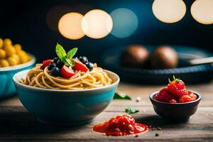 spaghetti with tomatoes, basil and berries in a bowl. AI-Generated photo