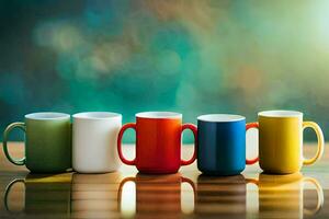 a row of colorful coffee mugs on a table. AI-Generated photo