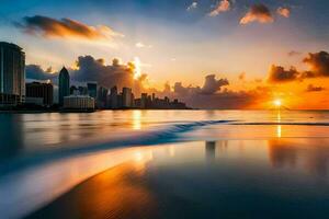 the sun sets over the ocean and buildings in the background. AI-Generated photo