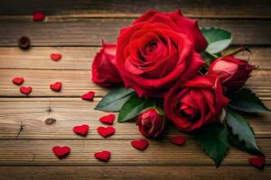 red roses on a wooden background. AI-Generated photo