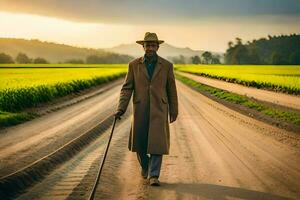 a man in a trench coat and hat walking down a dirt road. AI-Generated photo