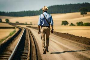 a man walking on a railroad track. AI-Generated photo