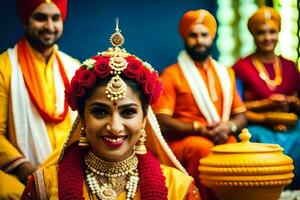 un novia en tradicional indio atuendo poses para un foto con su familia. generado por ai