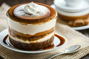 a dessert with whipped cream and chocolate on top. AI-Generated photo