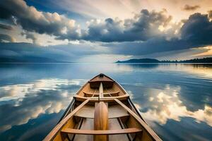 a canoe is floating on the water with a cloudy sky. AI-Generated photo