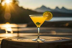 a cocktail on a table with the sun setting behind it. AI-Generated photo