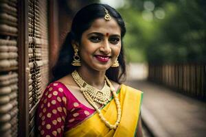 a woman in a yellow sari and gold jewelry. AI-Generated photo