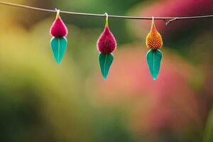 three colorful flowers hanging from a wire. AI-Generated photo