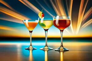 three glasses of different colored drinks on a table. AI-Generated photo