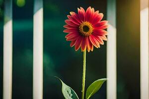 a single red flower is standing in front of a fence. AI-Generated photo