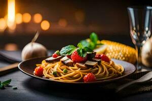 spaghetti with mushrooms and tomatoes on a plate. AI-Generated photo