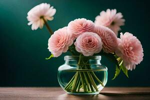 pink flowers in a glass vase on a table. AI-Generated photo
