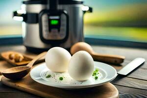 two eggs on a plate next to an instant pot. AI-Generated photo