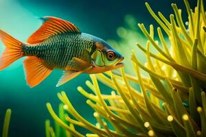 a fish swimming in an aquarium with green plants. AI-Generated photo