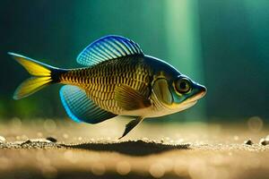 un pescado con azul y amarillo rayas en el suelo. generado por ai foto