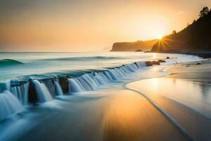 a beautiful sunset over the ocean with waves crashing into the shore. AI-Generated photo
