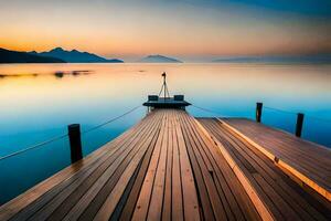 a wooden dock in the middle of a lake at sunset. AI-Generated photo