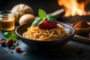 spaghetti with strawberries and basil on a black background. AI-Generated photo