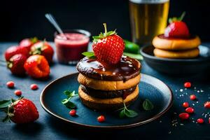 strawberries and chocolate on a plate with beer. AI-Generated photo