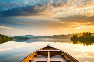 un canoa es flotante en un calma lago a puesta de sol. generado por ai foto