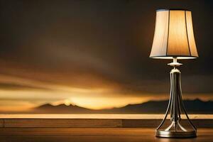 a lamp on a table in front of a sunset. AI-Generated photo