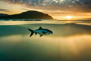 un pescado nadando en el Oceano a puesta de sol. generado por ai foto