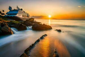 a cruise ship in the ocean at sunset. AI-Generated photo