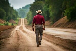 un hombre en un sombrero camina abajo un suciedad la carretera. generado por ai foto