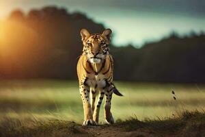 a tiger walking across a field at sunset. AI-Generated photo