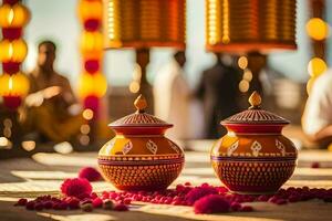 two colorful pots sitting on a table with people in the background. AI-Generated photo