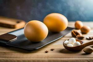 two eggs on a cutting board with spices. AI-Generated photo