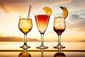 three glasses of different drinks with a sunset in the background. AI-Generated photo