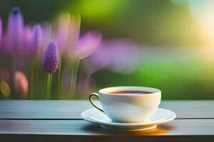 un taza de té en un de madera mesa en el jardín. generado por ai foto